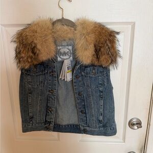 Michael Kors Denim Vest Jacket with Detachable real Fur Collar. Size M NWT